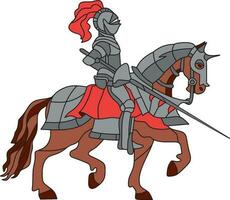 Vector template for stained glass gray knight in armor on a brown horse with a spear and a red cape