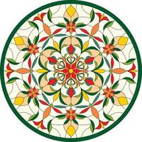 Vector color template of round stained glass window. Floral ornament for a ceiling or a multi-colored glass window.