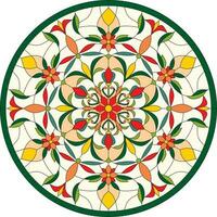 Vector color template of round stained glass window. Floral ornament for a ceiling or a multi-colored glass window.