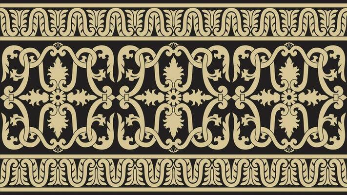 Vector gold and black seamless classic renaissance ornament. Endless european border, revival style frame