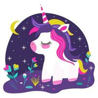 vector illustration of sleeping fairy unicorn on night background with colors for textile or accessories print or object