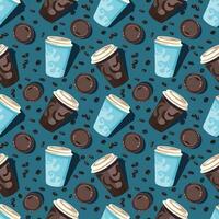 Seamless pattern with coffee cups in blue and brown color and small black coffee on dark blue background for textile or object prints vector