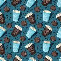 Seamless pattern with coffee cups in blue and brown color and small black coffee on dark blue background for textile or object prints vector