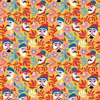 Seamless pattern with abstract male faces and red and blue colors. Vector pattern with masculine faces with mustache in abstract simple shapes on yellow background for textile prints or objects