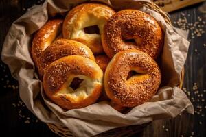 stock photo of bagels in kitchen table flat lay AI Generated