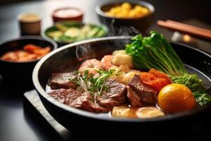 Sukiyaki japonés comida fotografía ai generado foto