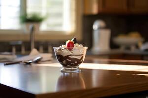 chocolate sundae in the kitchen table Food Photography photo
