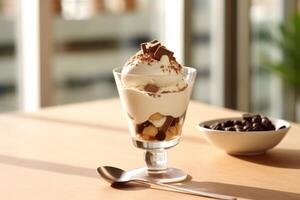 chocolate helado con frutas y nueces en el cocina mesa comida fotografía ai generado foto