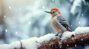 Snowy woodpecker on snow background with empty space for text photo