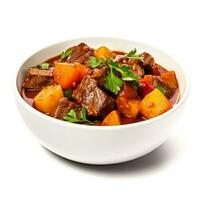 Hearty and flavorful beef and vegetable stew isolated on white background photo