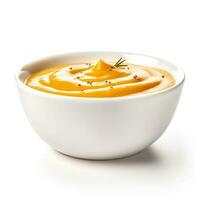 Creamy and velvety roasted pumpkin soup isolated on white background photo