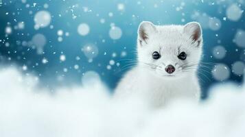 Ermine on snow background with empty space for text photo