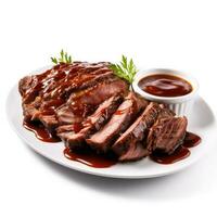 Slow-cooked and tender beef brisket with barbecue sauce isolated on white background photo