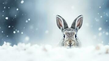 Snowshoe hare on snow background with empty space for text photo