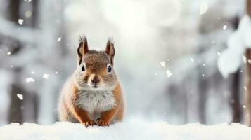 Snowy squirrel on snow background with empty space for text photo