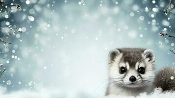 Ermine on snow background with empty space for text photo