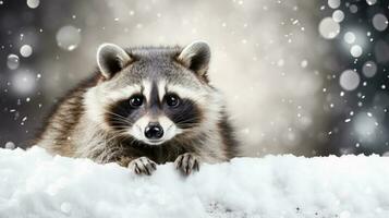 Snowy raccoon on snow background with empty space for text photo