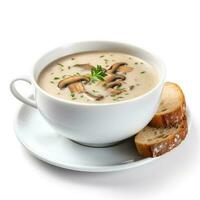 Creamy and comforting wild mushroom soup isolated on white background photo