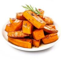 Roasted sweet potatoes with cinnamon and honey isolated on white background photo