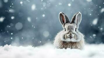 Snow hare on snow background with empty space for text photo