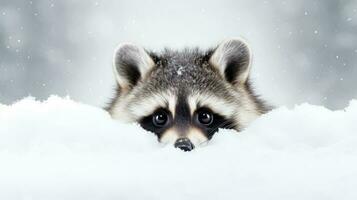 Snowy raccoon on snow background with empty space for text photo