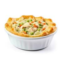 Creamy chicken pot pie isolated on white background photo