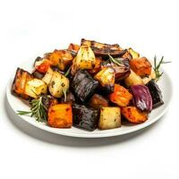 Roasted root vegetables with balsamic glaze isolated on white background photo