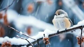 Snowy chickadee on snow background with empty space for text photo