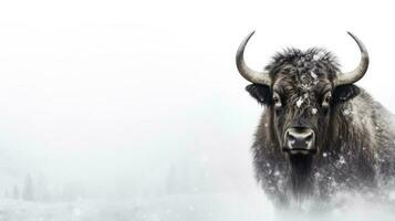 Snowy bison on snow background with empty space for text photo