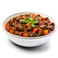 Hearty and flavorful beef and vegetable stew isolated on white background photo