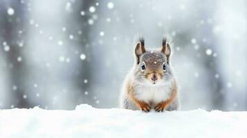 Snowy squirrel on snow background with empty space for text photo