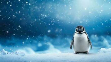 Penguin on snow background with empty space for text photo