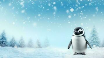 Penguin on snow background with empty space for text photo