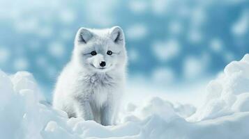 Arctic fox on snow background with empty space for text photo