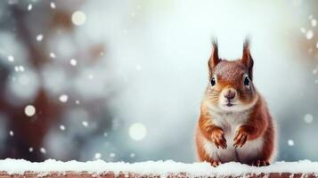 Squirrel on snow background with empty space for text photo