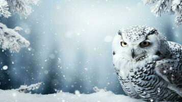 Snowy owl on snow background with empty space for text photo