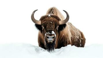 Snowy bison on snow background with empty space for text photo