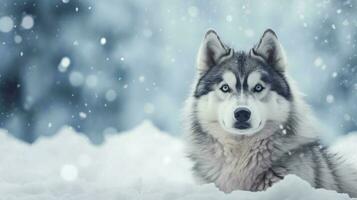 Husky dog on snow background with empty space for text photo