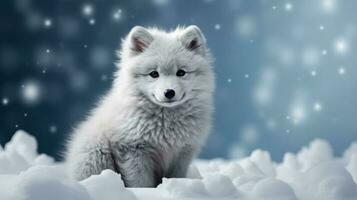 Arctic fox on snow background with empty space for text photo