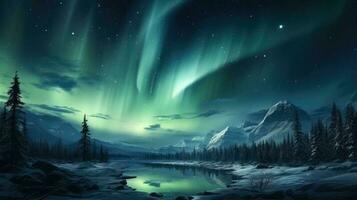 Northern Lights dancing in the winter sky with empty space for text photo