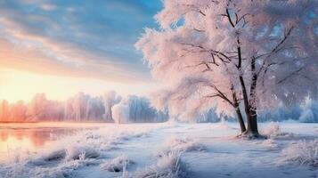 Frost-covered trees at winter sunrise with empty space for text photo