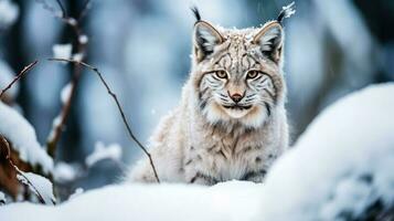 Snowy lynx on snow background with empty space for text photo