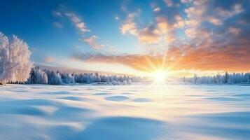 Pristine winter morning sunrise background with empty space for text photo