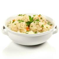 Cozy and comforting chicken and dumplings isolated on white background photo