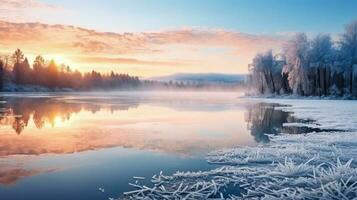 Frozen lake at winter sunrise with empty space for text photo