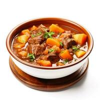 Hearty beef stew isolated on white background photo