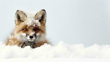 Snowy red fox on snow background with empty space for text photo