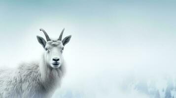 Snowy mountain goat on snow background with empty space for text photo