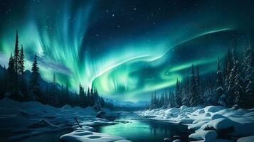 Aurora Borealis in the winter sky with empty space for text photo