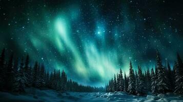 Aurora Borealis in the winter sky with empty space for text photo